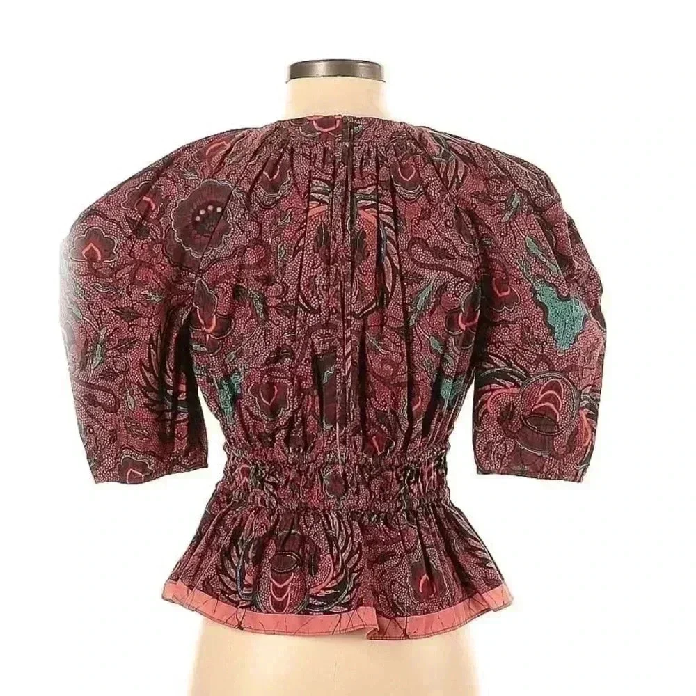 ULLA JOHNSON Cotton Blouse 2 Mireya Denisa Carmine Print Puff Sleeve Top Shirt